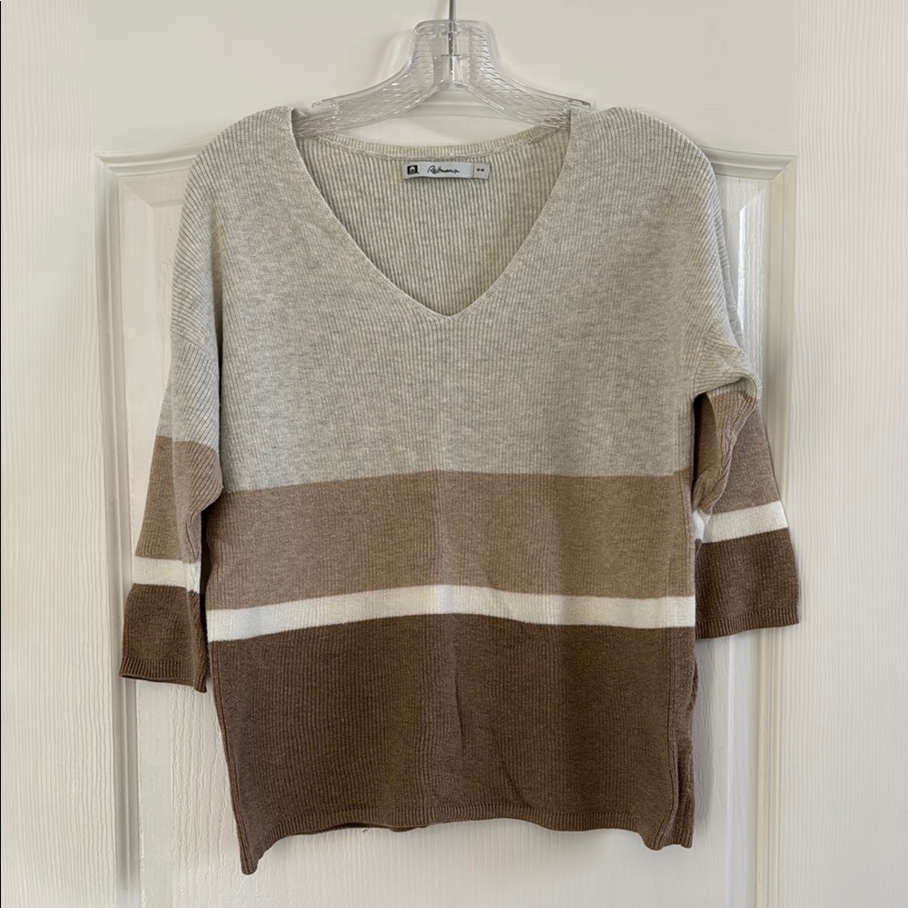 Reitmans Cotton Medium Women's V-Neck Sweater - Gray and Brown Striped